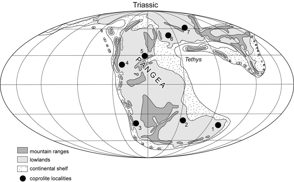 89 FIGURE 1. Distribution of principal Triassic coprolite-rich areas on Triassic Pangea.