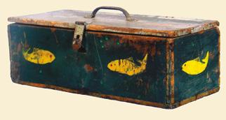 141 142 143A 143 141. Wonderfully folky little painted tackle box. Measures approximately 14 L x 4 3/4 H x 6 D.