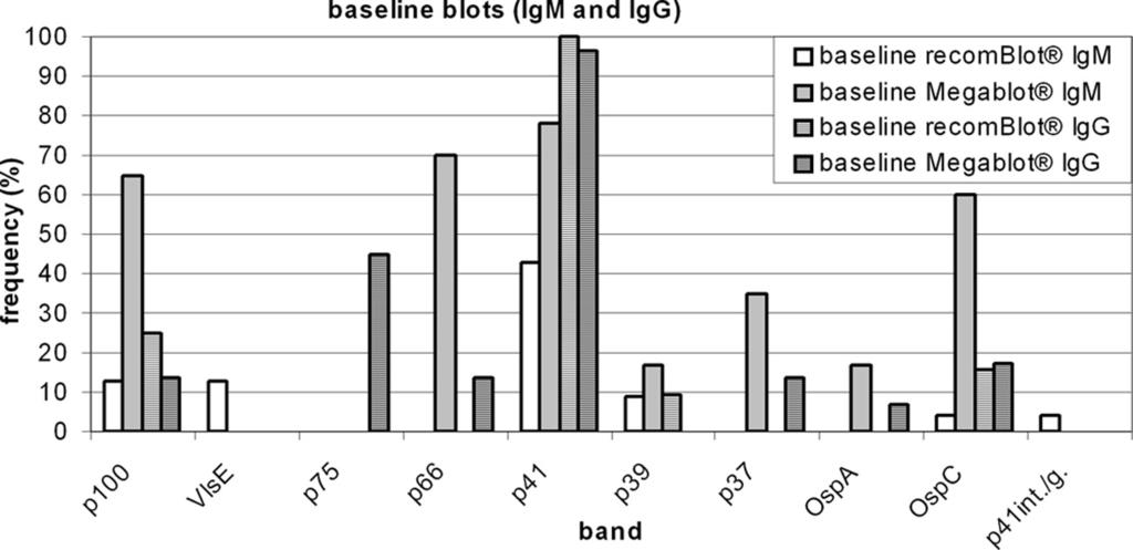 VOL. 17, 2010 CANINE IMMUNE RESPONSE TO BORRELIA ANTIGEN 831 FIG. 2. Frequencies of Borrelia bands in baseline Western blots (recomblot and MegaBlot, IgG and IgM) for 23 dogs. In Fig.