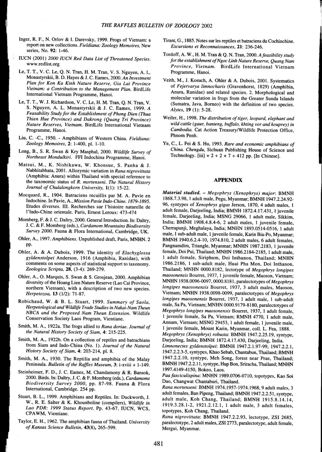 Inger, R. F., N. Orlov & I. Darevsky, 1999. Frogs of Vietnam: a report on new collections. Fieldiana: Zoology Memoires, New series, No. 92: 1-46. THE RAFFLES BULLETIN OF ZOOLOGY 2002 Tirant, G., 1885.