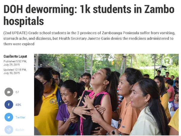 o Adverse events (AEs) concentrated in Zamboanga Region; eighty six children admitted to hospitals (Rappler, 2015) o Students experienced stomach ache and vomiting (CNN, 2015) o False rumors