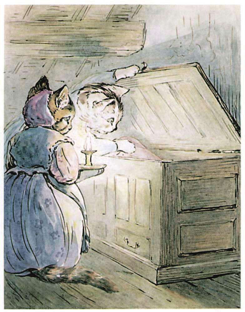 Which way did she go, Moppet? But Moppet had been too much frightened to peep out of the barrel again.