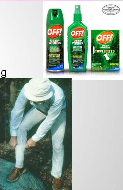 Prevention: Humans Repel from skin using DEET (at least 20% concentration) Wear light colored clothing Treat gear and clothing with permethrin (withstands
