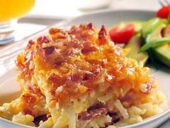 350 F. Grease 8-inch-square baking dish. LAYER 1/2 potatoes, 1/2 onion, 1/2 bacon and 1/2 cheese in prepared baking dish; repeat layers.