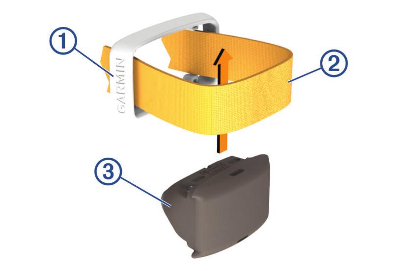 2 Select a collar band. 3 Loop the collar strap Á through the collar band. 4 Place the device Â in the loop between the collar strap and the collar band. 5 Snap the collar band onto the device.
