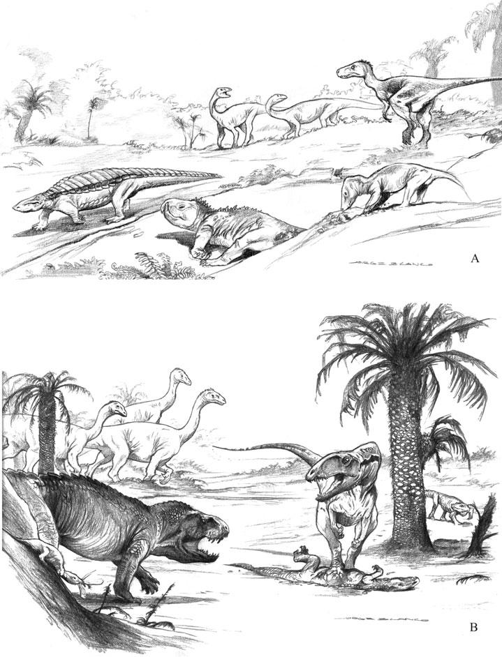 The origin and early evolution of dinosaurs 79 Fig. 11. Reconstruction of two dinosaur-bearing fossil assemblages of the South American Late Triassic.