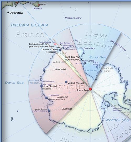 Locate the Australian territorial claim. Draw around the outline of that area in coloured pencil. This represents the area which Australia has claimed as a territory of Australia.