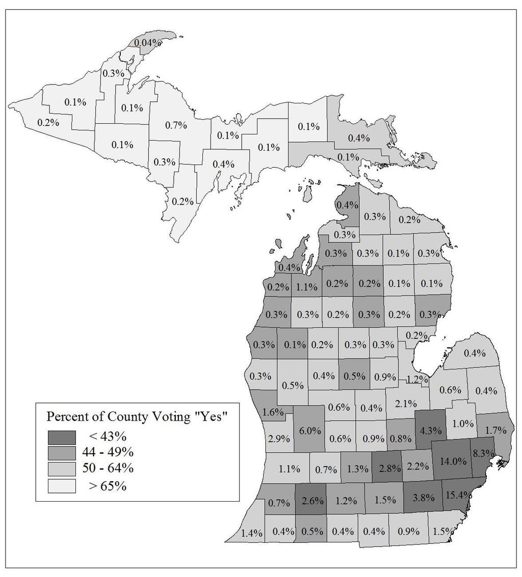 Figure 6.1. County level results on Proposal 1, 2014 showing strong regional and urban/rural differences in the results of voting.