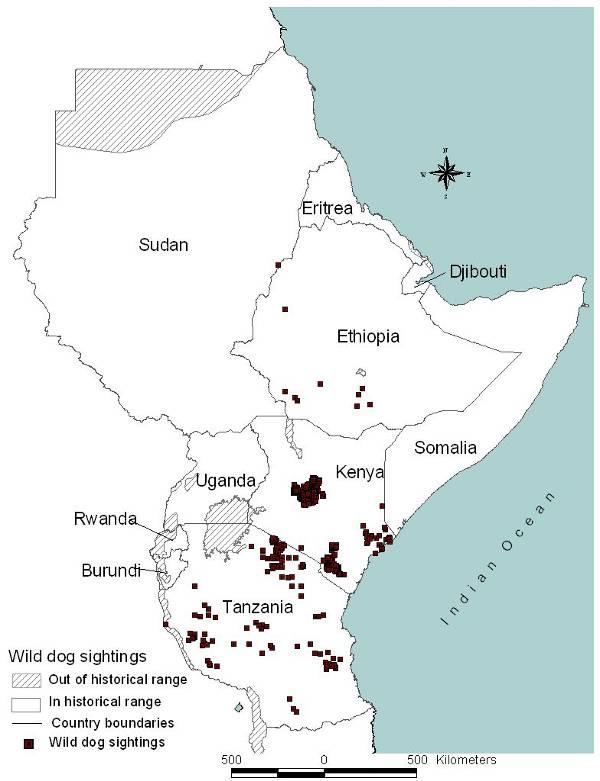 Figure 4.3 Locations of confirmed wild dog sightings in 1997-2007 Extirpated range: land where the species has been extirpated.
