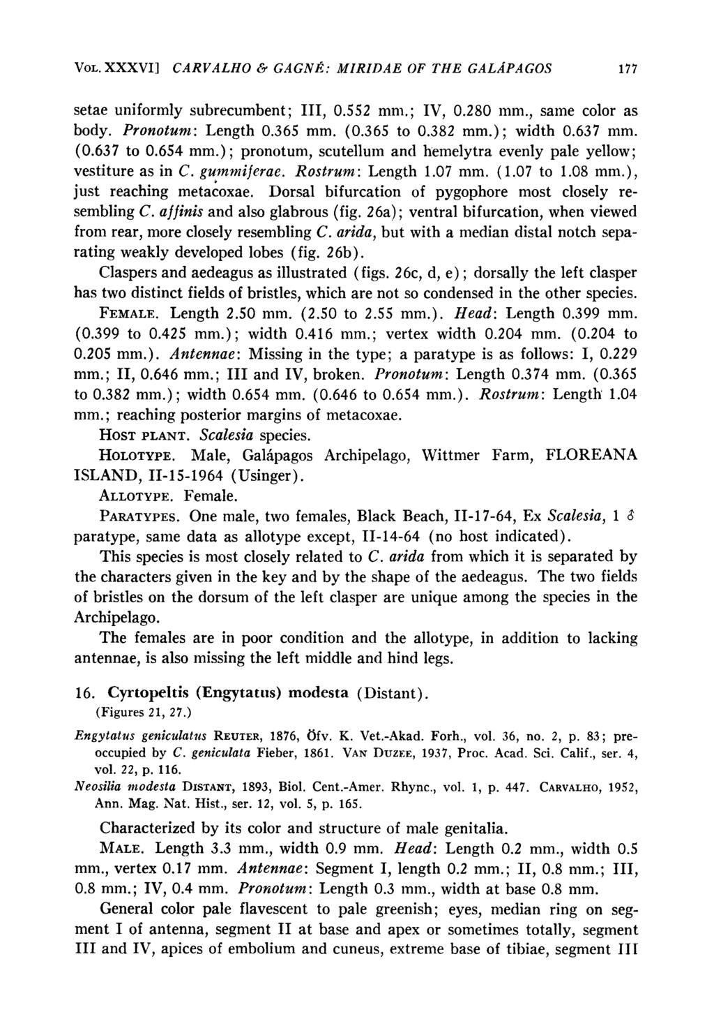 VOL. XXXVI] CARVALHO & GAGNE: MIRIDAE OF THE GALAPAGOS 177 setae uniformly subrecumbent; III, 0.552 mm.; IV, 0.280 mm., same color as body. Pronotum: Length 0.365 mm. (0.365 to 0.382 mm.); width 0.
