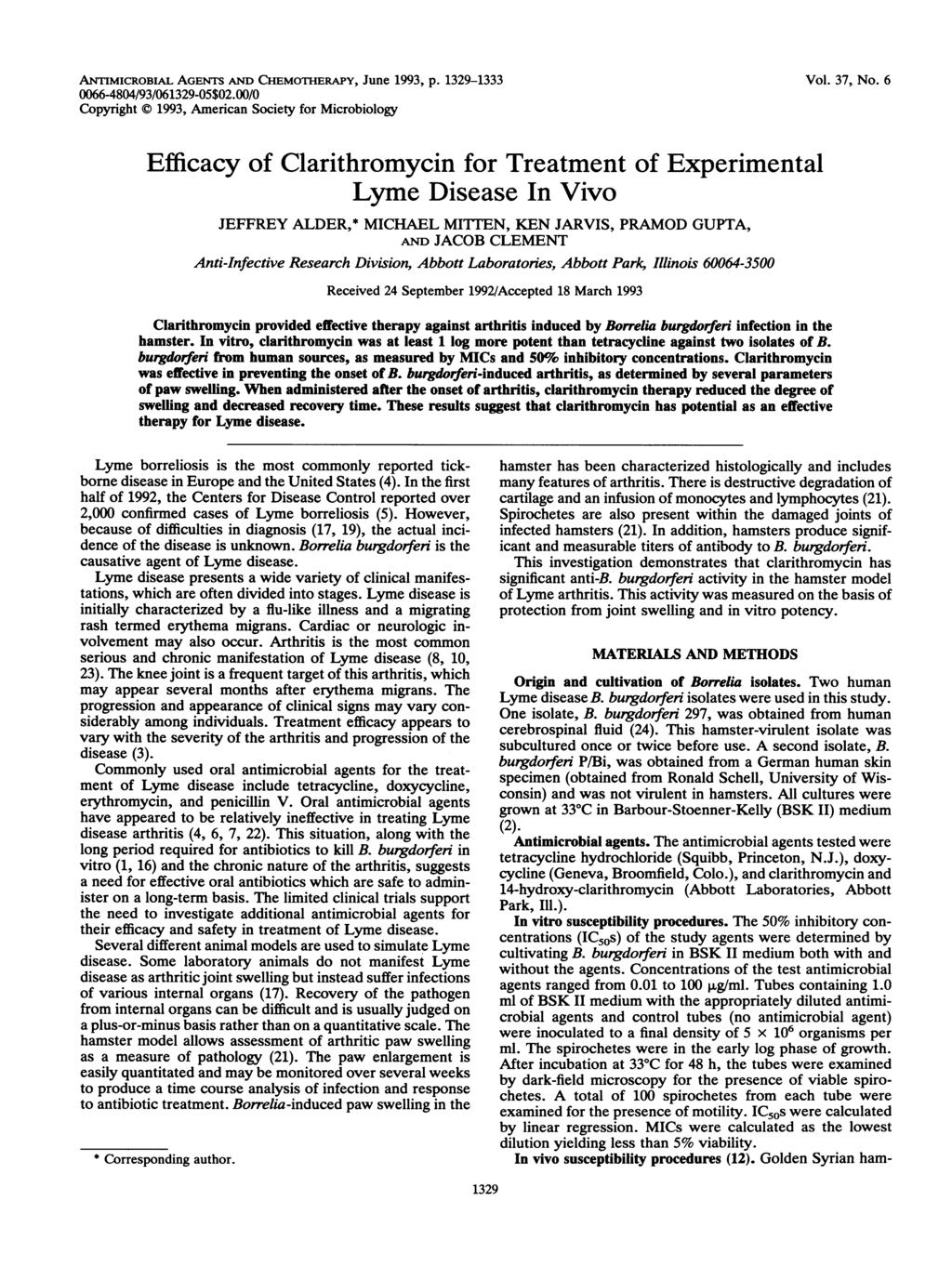 ANTIMICROBLAL AGENTS AND CHEMOTHERAPY, June 1993, p. 1329-1333 0066-4804/93/061329-05$02.00/0 Copyright X) 1993, Americn Society for Microbiology Vol. 37, No.