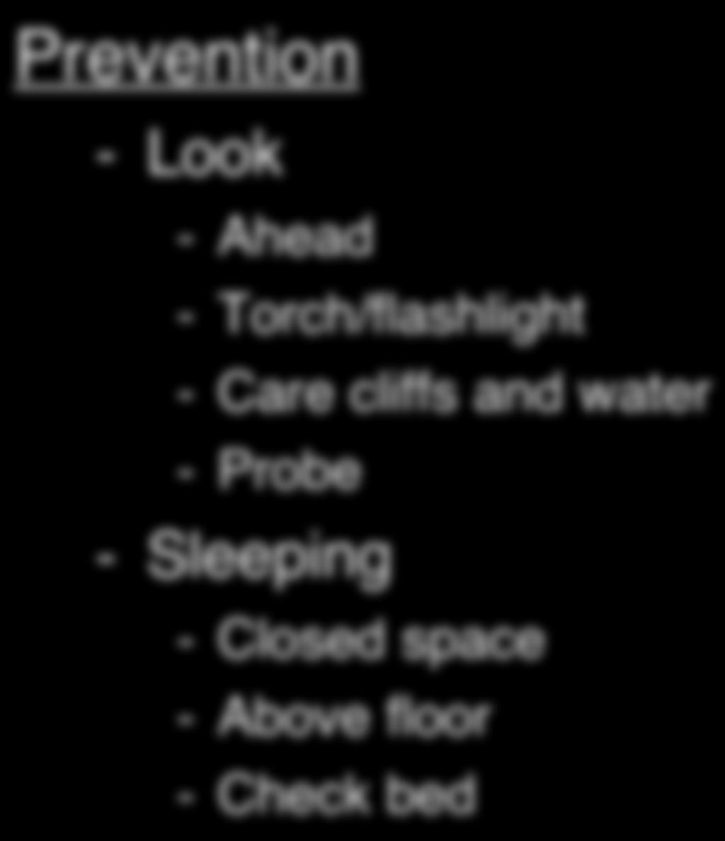Prevention - Look - Ahead - Torch/flashlight - Care cliffs and