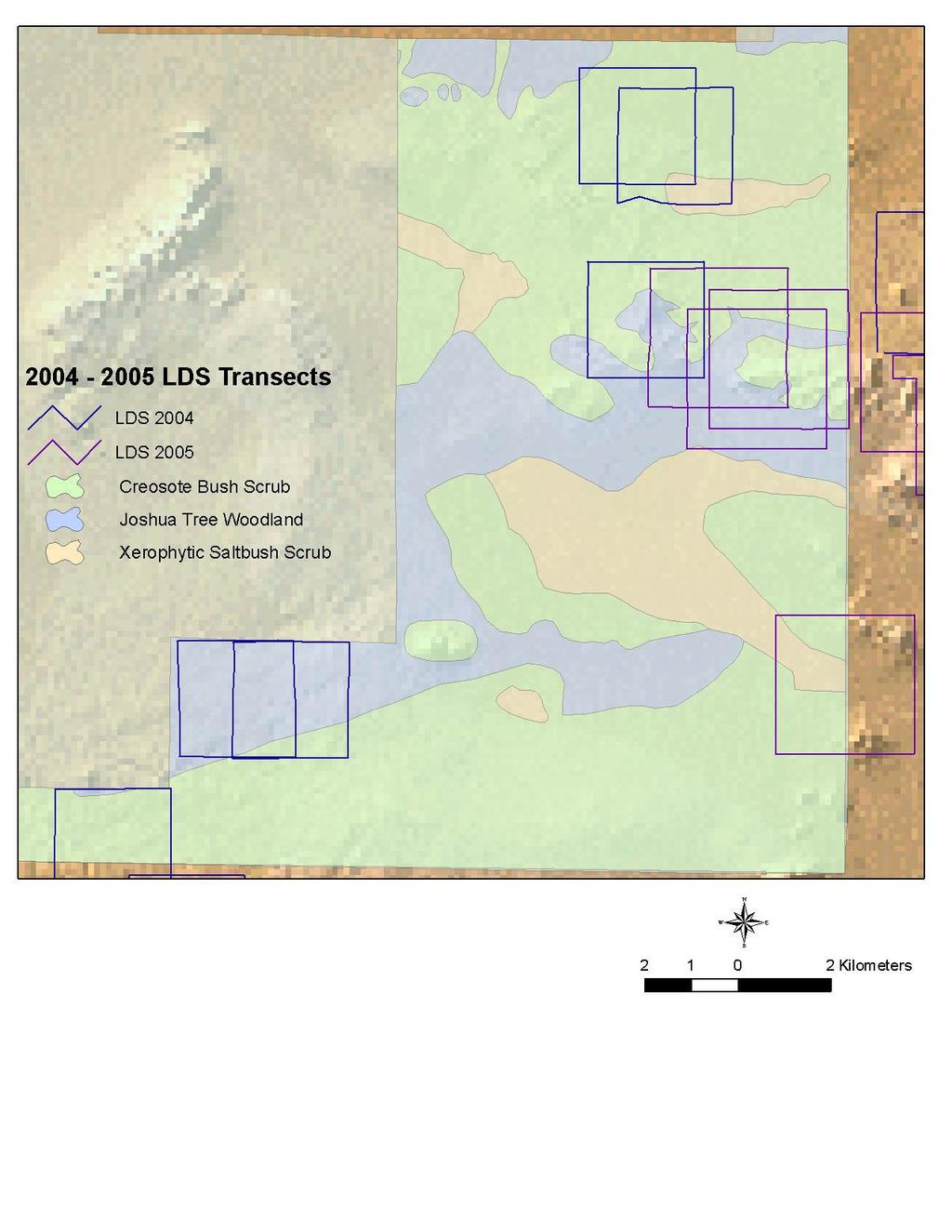 Figure 9. LDS transects in 2004 and 2005 changed from the bow-tie to large squares. Their location on the PIRA also changed.