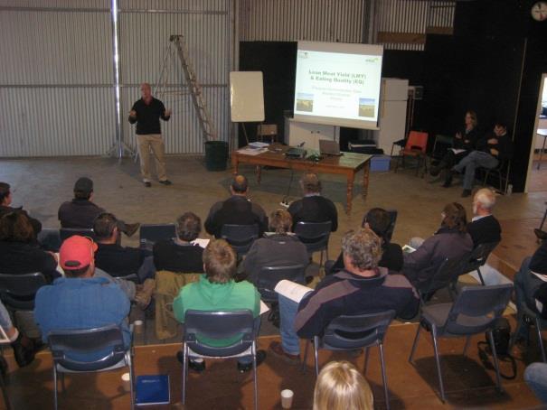 Fig. 10 Peter Bailey, DEPI presenting LMY&EQ project management and results (left) and Mark Inglis, JBS, demonstrating carcase breakdown using mobile butcher display (right) at the field day at Tony