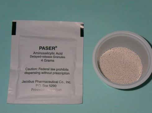 Para-aminosalicylic acid (PAS) Bacteriostatic agent Oral: delayed-release granules (acid-resistant outer coating) CSF penetration: 10-50% 50% - Hepatic metabolism, 80% - Renal excretion Adverse