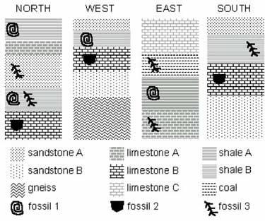 Name:! Page 2 LSC 294 Dinosaurs! Due in Lab on Sep 14 2. Four outcrops of rock are examined in different locations of a state.