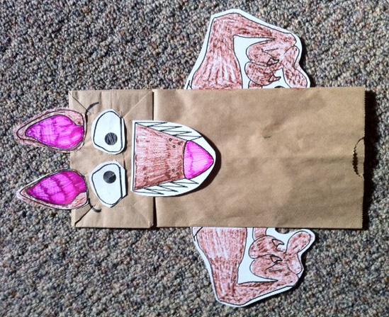 CRAFT CORNER Paper Bag Wolf Puppet Make your very own wolf to use in a puppet show or make as a gift. See the instructions below. Materials: Paper bag Template Glue Scissors Markers Instructions: 1.