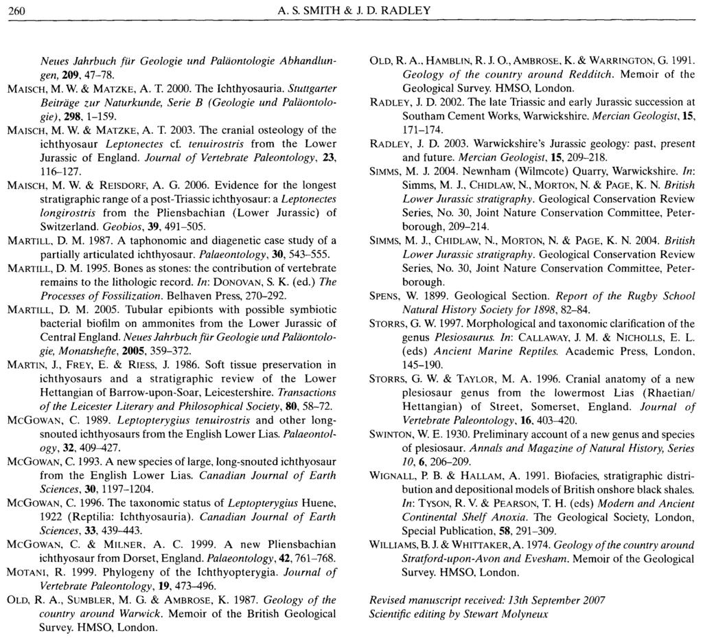 260 A. S. SMITH & J. D. RADLEY Neues Jahrbuch fur Geologic und Palaontologie Abhandlungen, 209, 47-78. MAISCH, M. W. & MATZKE, A. T. 2000. The Ichthyosauria.