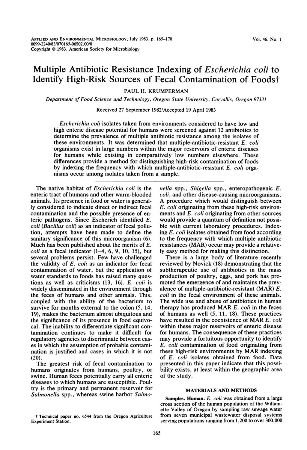 APPLIED AND ENVIRONMENTAL MICROBIOLOGY, July 1983, p. 165-170 0099-2240/83/070165-06$02.00/0 Copyright 1983, American Society for Microbiology Vol. 46, No.