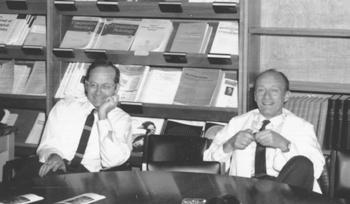 Figure 1. David Hubel and Steve Kuffler in the Neurobiology Department Library. (Courtesy of Edward Kravitz and the Photo Archive of the Department of Neurobiology, Harvard Medical School.
