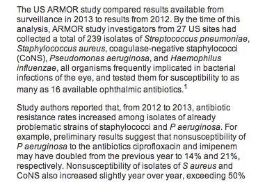 resistant to at least 3 ocular antibiotics commonly used to treat ARMOR: 5 Year Results CONCLUSIONS: Resistance to 1 or more antibiotics is