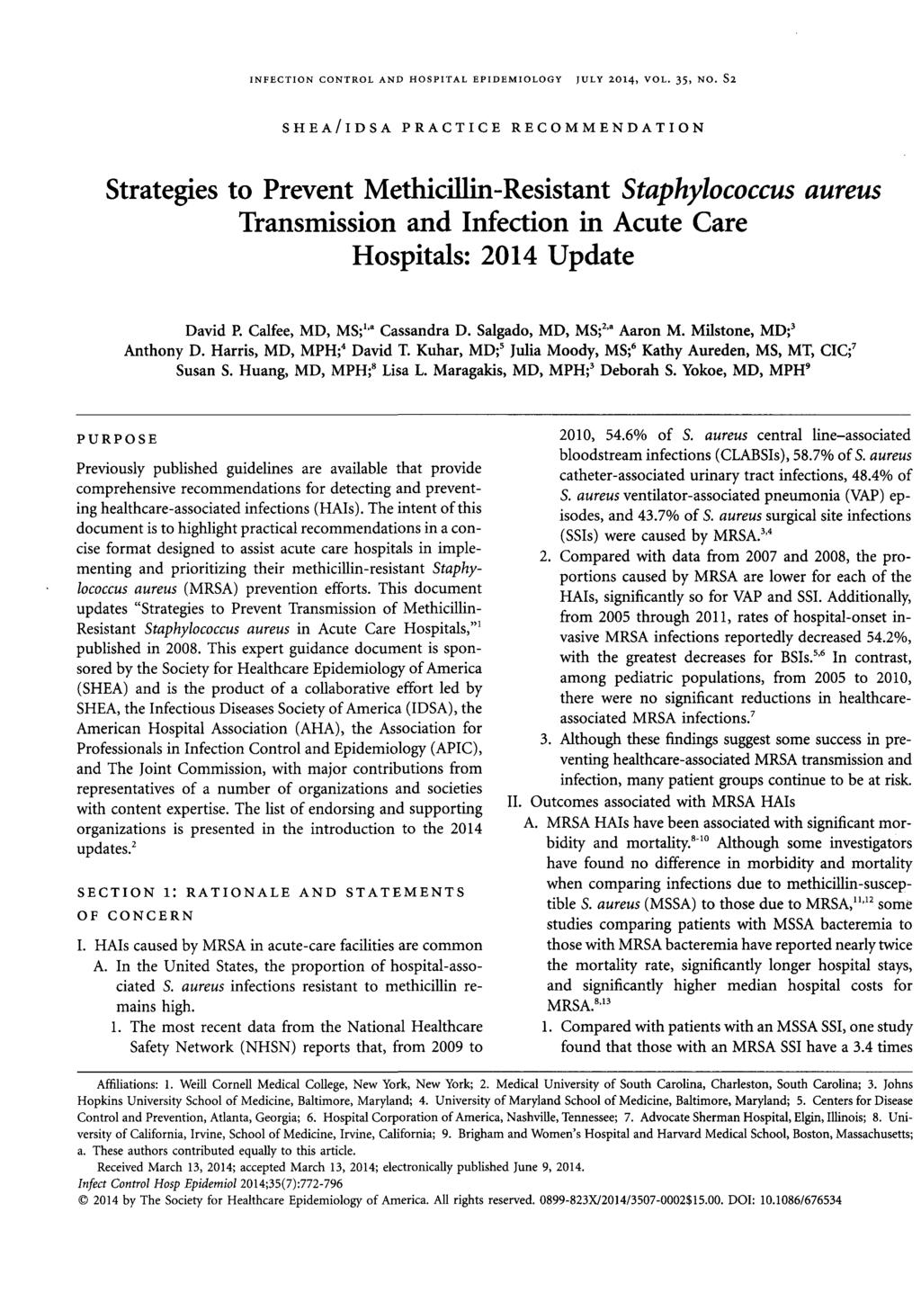 INFECTION CONTROL AND HOSPITAL EPIDEMIOLOGY JULY 2014, VOL. 35, NO.