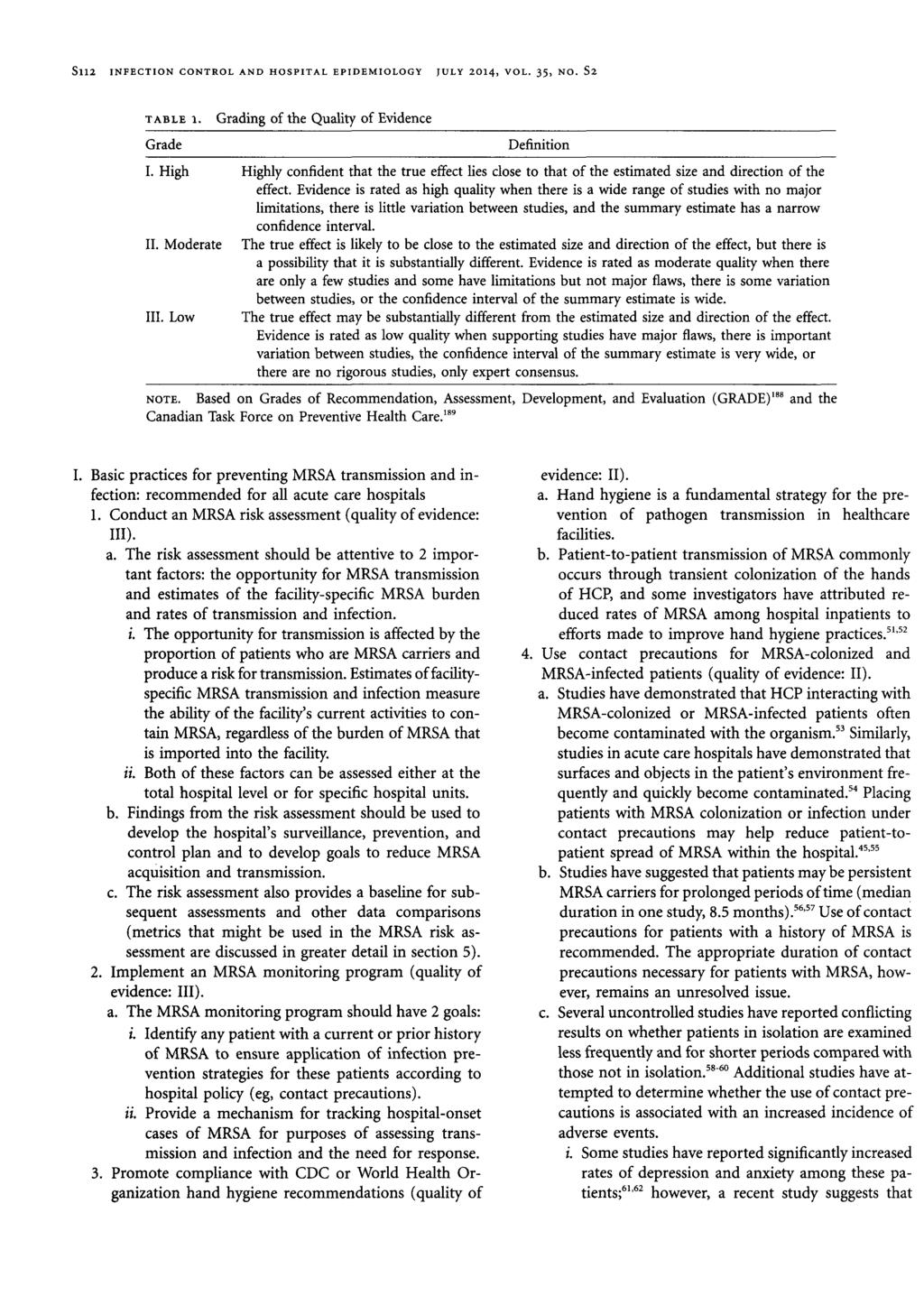 Sll2 INFECTION CONTROL AND HOSPITAL EPIDEMIOLOGY JULY 2014, VOL. 35, NO. S2 TABLE 1. Grading of the Quality of Evidence Grade I. High II. Moderate III.