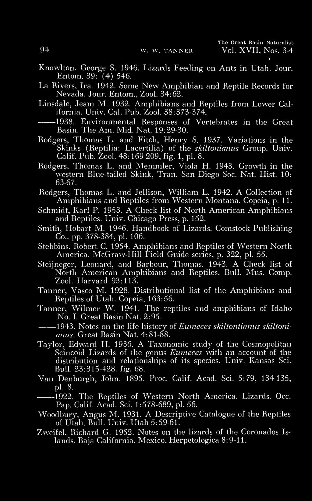 Environmental Responses of Vertebrates in the Great Basin. The Am. Mid. Nat. 19:29-30. Rodgers, Thomas L. and Fitch, Henry S. 1937.