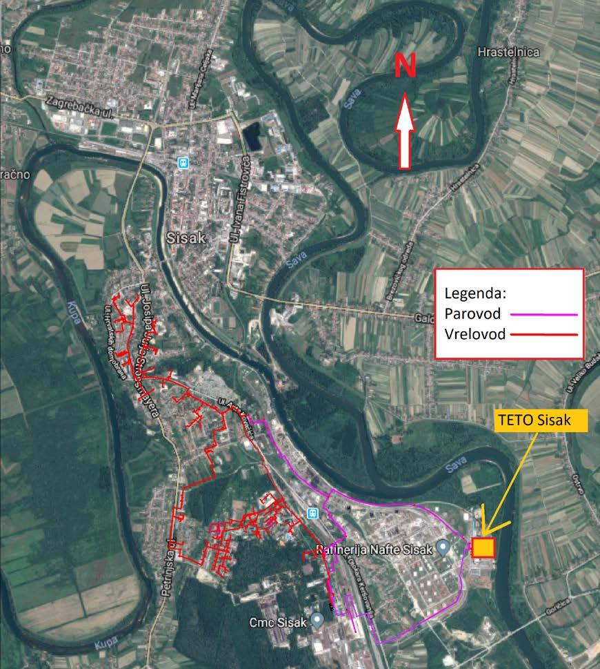 Slika 10. prikazuje kartu CTS-a grada Siska gdje se vidi i pozicija termoelektrane TETO Sisak.