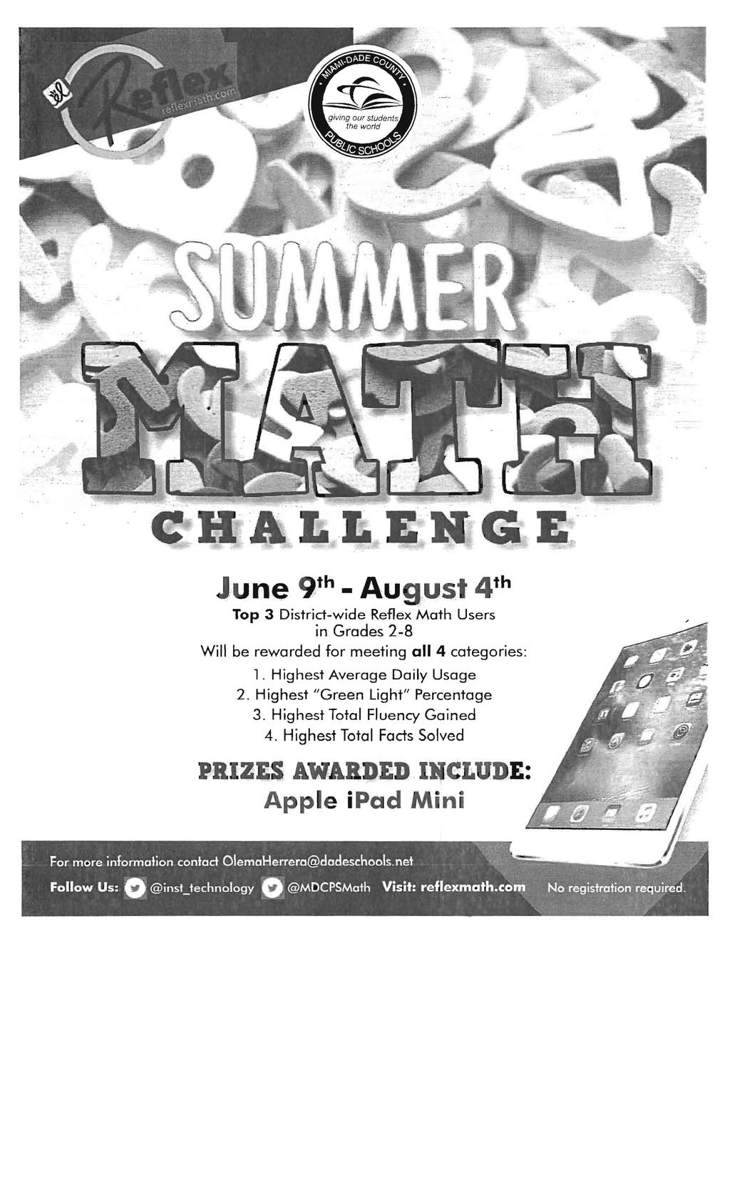 June 9 th - AU9:USt 4 th Top 3 District-wide Reflex Math Users in Grades 2- Will be rewarded for meeting all 4 categories: 1.