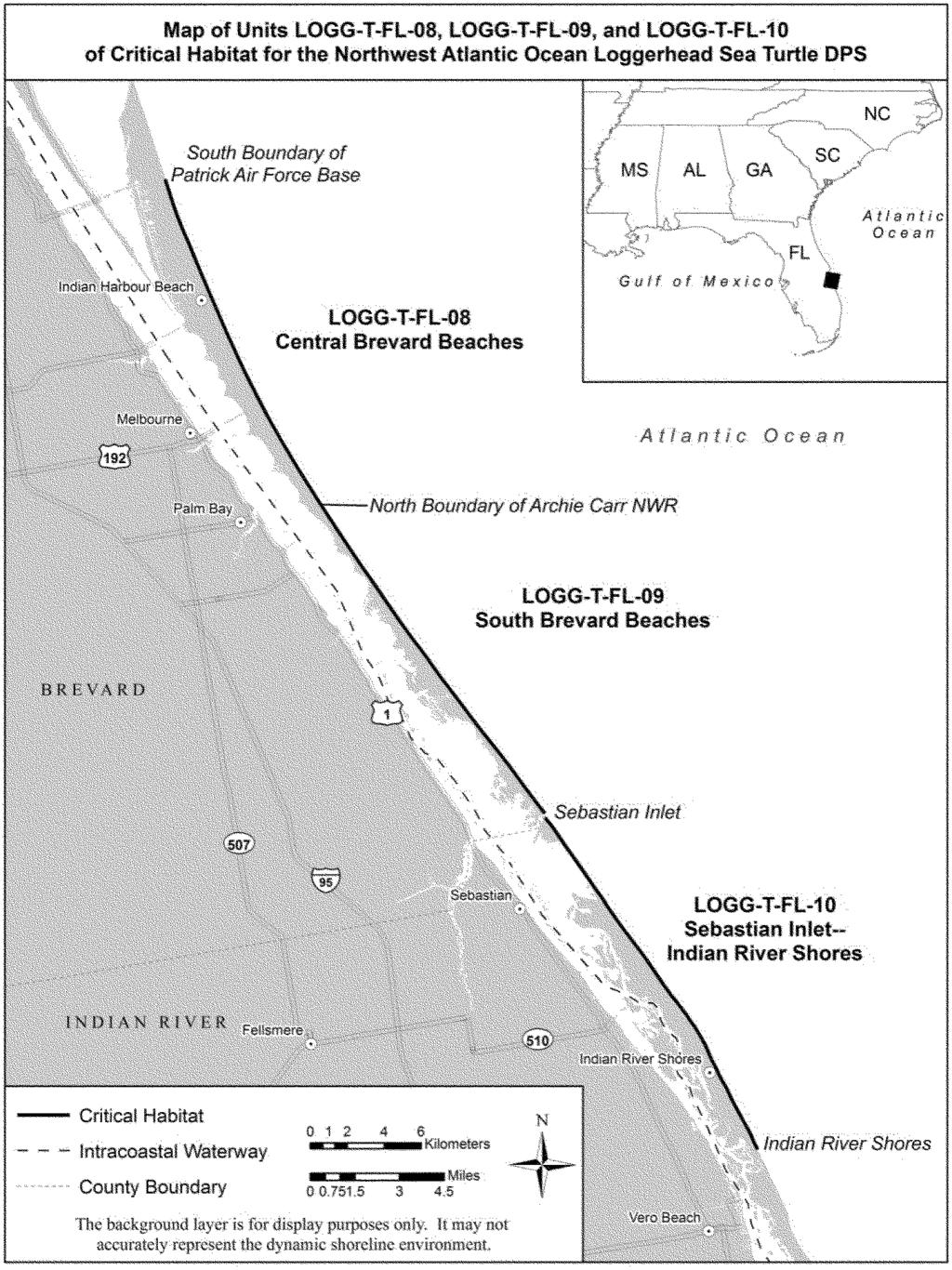 Federal Register / Vol. 78, No. 57 / Monday, March 25, 2013 / Proposed Rules 18065 Atlantic Ocean and extends from the north boundary of Archie Carr NWR to Sebastian Inlet.