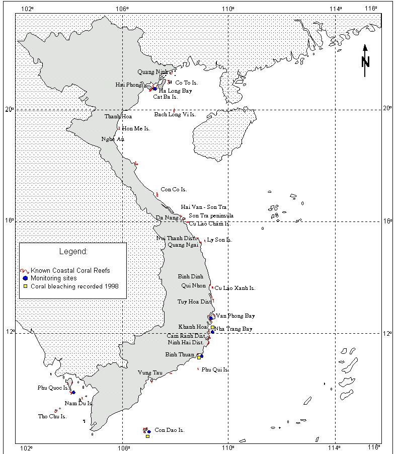 11. Figures Figure 8.1 Coral Reef distribution and monitoring sites in Viet Nam, Map provided by NIO 12. References Asia Development Bank. 1999.