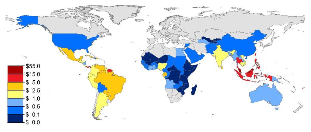 Per capita cost of dengue illness in 2013 (US$) US$1.56 per capita across 141 dengue endemic countries and territories Shepard DS, Halasa YA, Undurraga EA, Stanaway J.