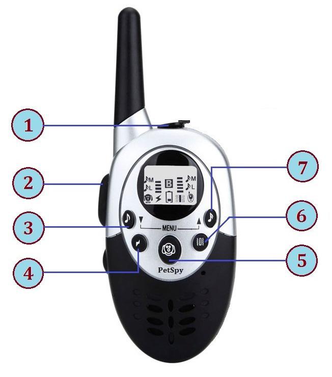 PETSPY ADVANCED DOG TRAINING COLLAR 1. Charging Port 2. Power Button (old version M86) 3. Receiver Tone Button/Lower 4. Static Shock Button 5. Menu/Mode Button 6. Vibration Button 7.
