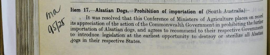 Adelaide on the 29 th June 1927.On the agenda was Item 17-AlsationDogs.