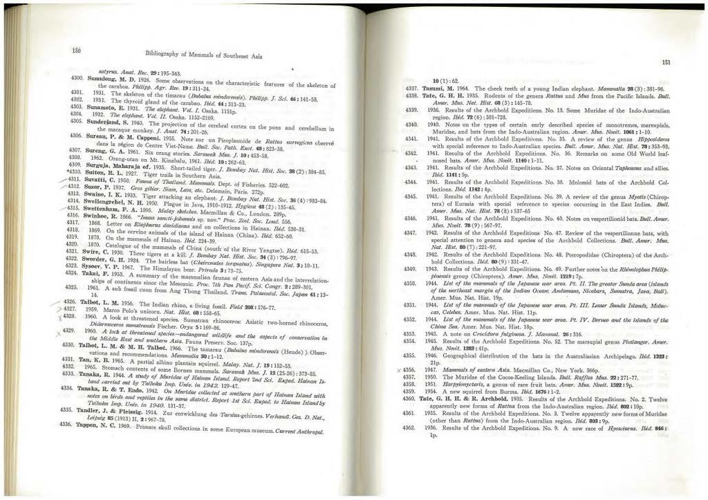 i56 4307. 4308. 4309. *4310. / 4311....- 4312. 4313. 4314. Bibliography of Mammals of Southeast Asla satyrns. Anat. Ree. 29: 195-343. 4300. Sumulong, M. D. 1926.