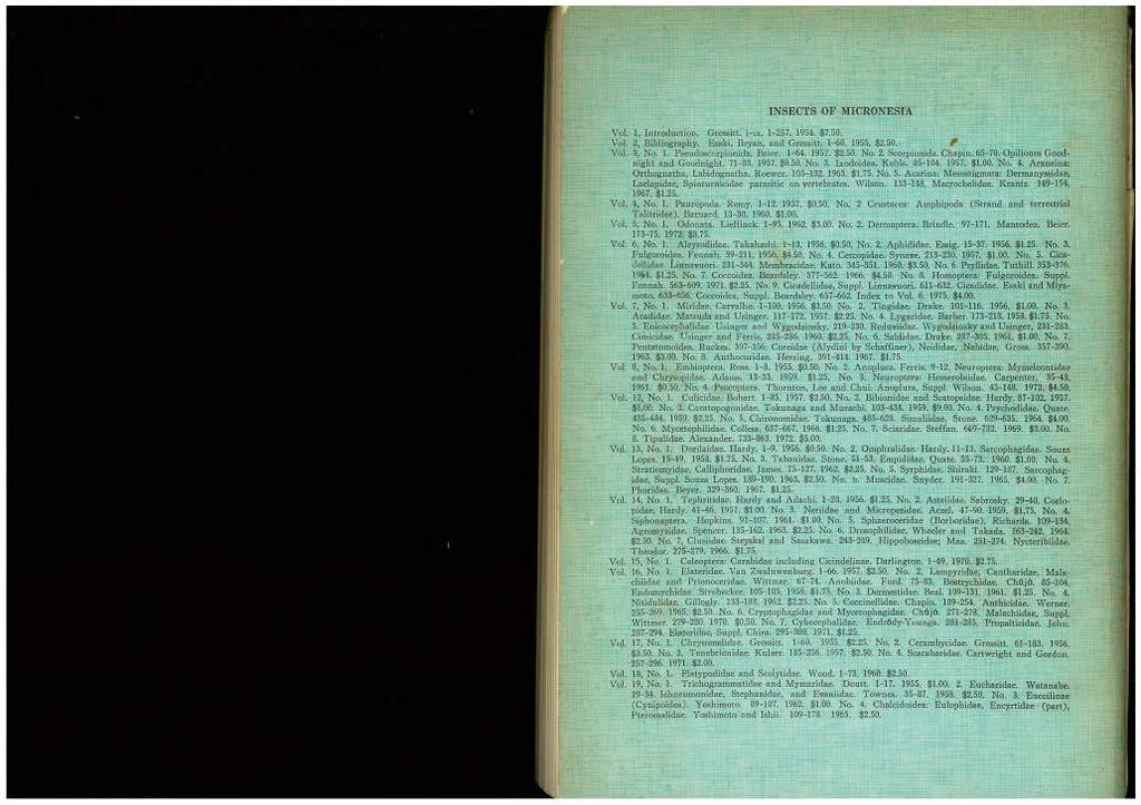 INSECTS OF MICRONESIA Vol. 1, Introduction. Gressitt. i-ix, 1-257. 1954. $7.50. Vol. 2, Bibliography. Esaki, Bryan, and Gressitt. 1-68. 1955. $2.50.-, Vol. 3, No. l. Pseudoscorpionida. Beier. 1-64.