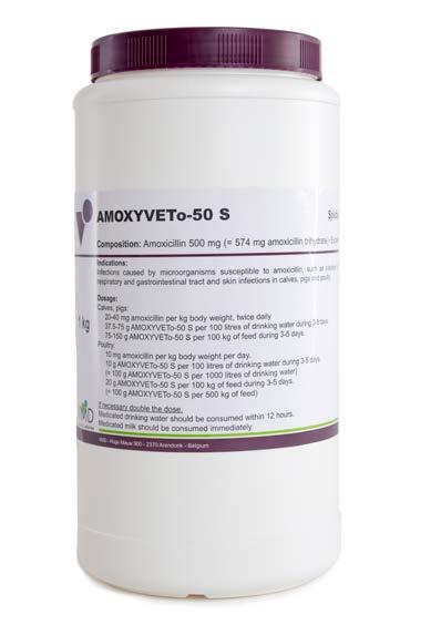 Per gram powder: 500 mg amoxicillin (= 574 mg amoxicillin trihydrate) Poultry, pigs, calves and lambs.