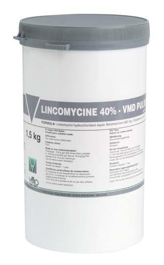 LINCOMYCIN-40S Per gram powder: 400 mg lincomycin base (=lincomycin hydrochloride 434.4 mg) Poultry, pigs, cattle, sheep and goats.