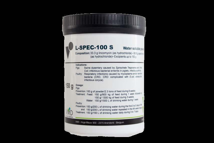 L-SPEC-100S Orally via drinking water or feed. Poultry: Prevention: 150 g / 200 L of drinking water during first 3 to 5 days of life and 150 g / 200 L of drinking water repeated in 4th week of age.