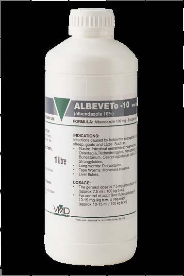ALBEVETo-10 For oral administration. The general dose is 7.5 mg albendazole per kg body weight. For control of adult liver flukes (Fasciola hepatica), a dosage of 10-15 mg/kg body weight is required.