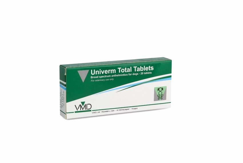 UNIVERM TOTAL 1 tablet/10 kg of body weight. Puppies and small dogs: < 2 kg body weight: 1/4 tablet. 2-5 kg body weight: 1/2 tablet. 5-10 kg body weight: 1 tablet.