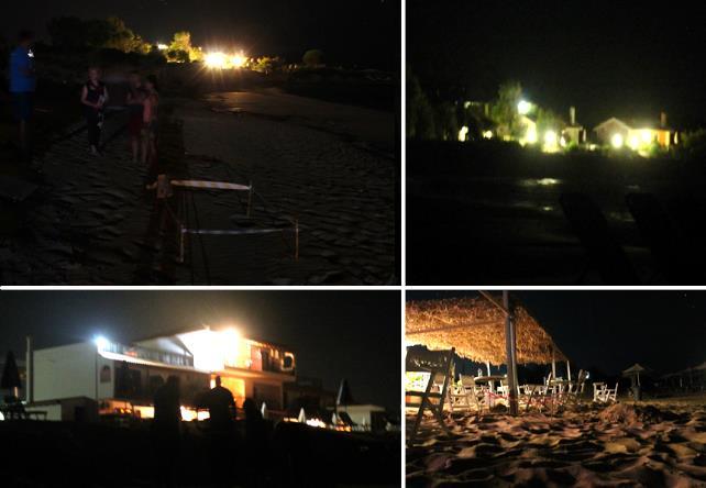 Figure 3. Light pollution on Megali Ammos. Top left: The light pollution survey team measuring light polygons to determine the light-polluted parts of the beach.