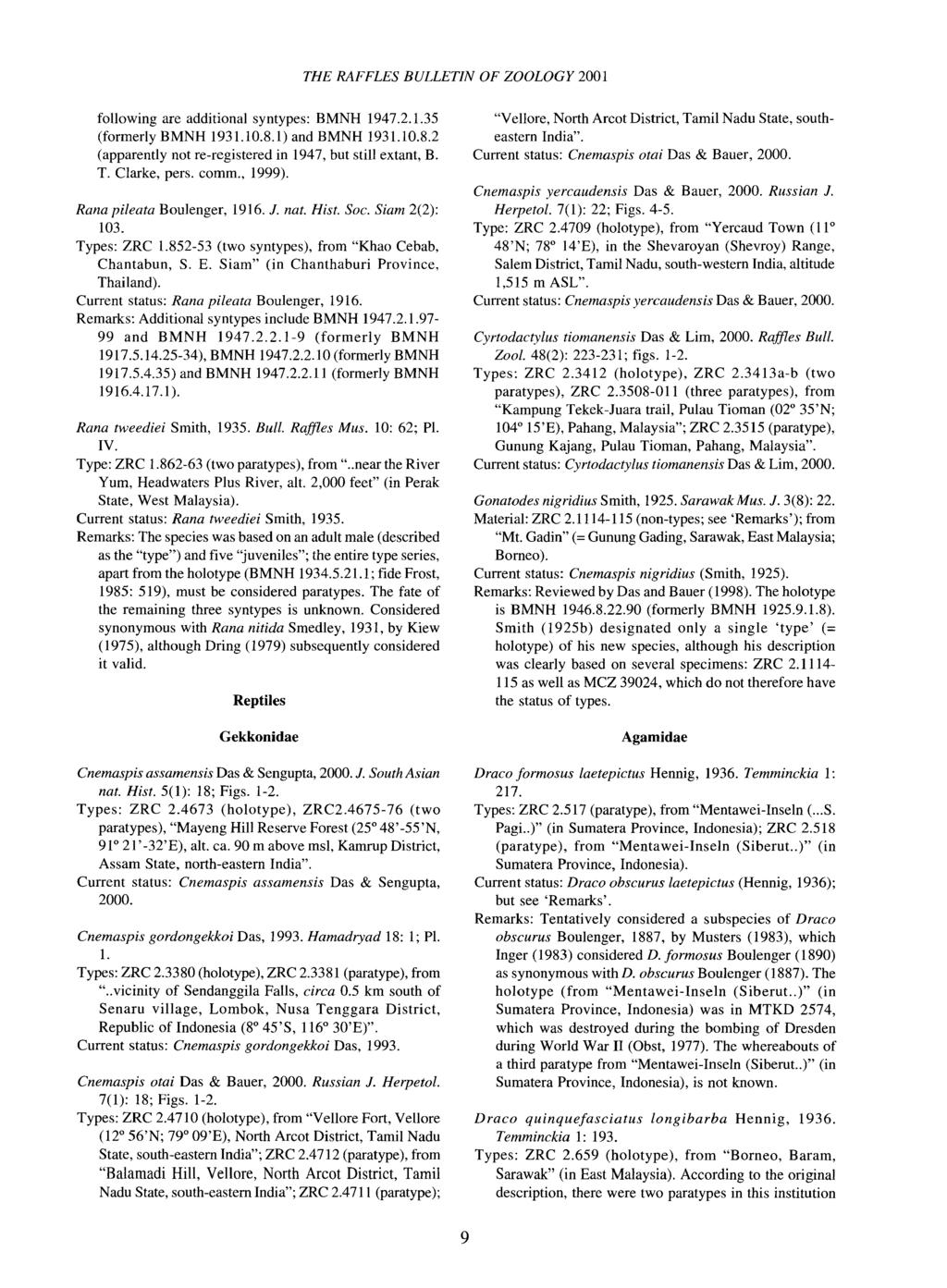 THE RAFFLES BULLETIN OF ZOOLOGY 2001 following are additional syntypes: BMNH 1947.2.1.35 (formerly BMNH 1931.10.8.1) and BMNH 1931.10.8.2 (apparently not re-registered in 1947, but still extant, B. T.