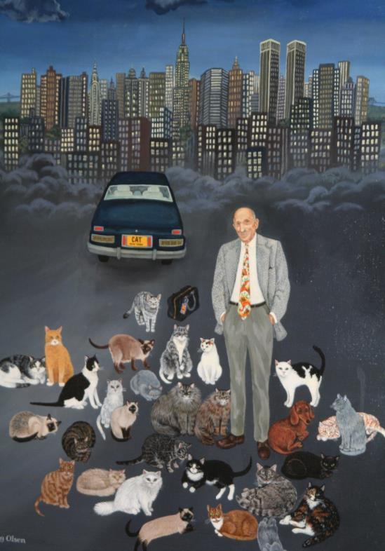 Caricature of Dr. Camuti with an assembly of his beloved patients. His car with the license plate, CAT and the skyline of Manhattan are in the background. (Photo by the author, 2007) Dr.