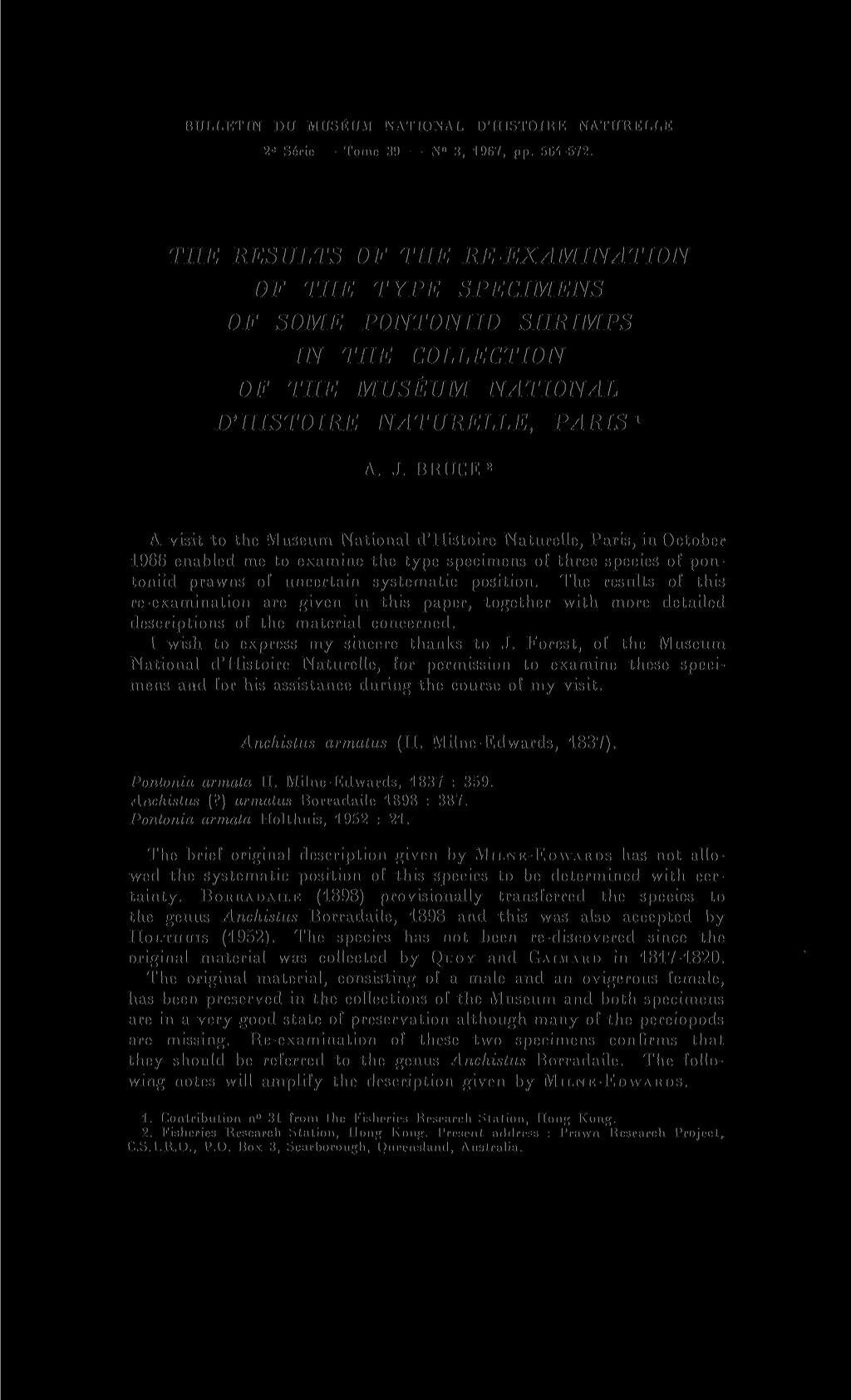 BULLETIN DU MUSEUM NATIONAL D'HISTOIRE NATURELLE 2 e Serie Tome 311 N 3, 1967, pp. 5G1-572.