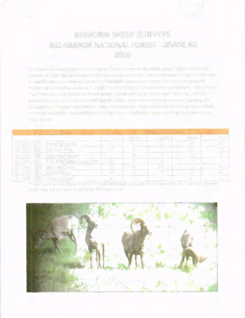 Drlt: () e capt BGHORN SHEEP SURVEYS RO GRANDE NATONAL FOREST - DVDE RD 21 This report documents the results of Bighorn Sheep surveys on the Divide Ranger District during the summer of 21.