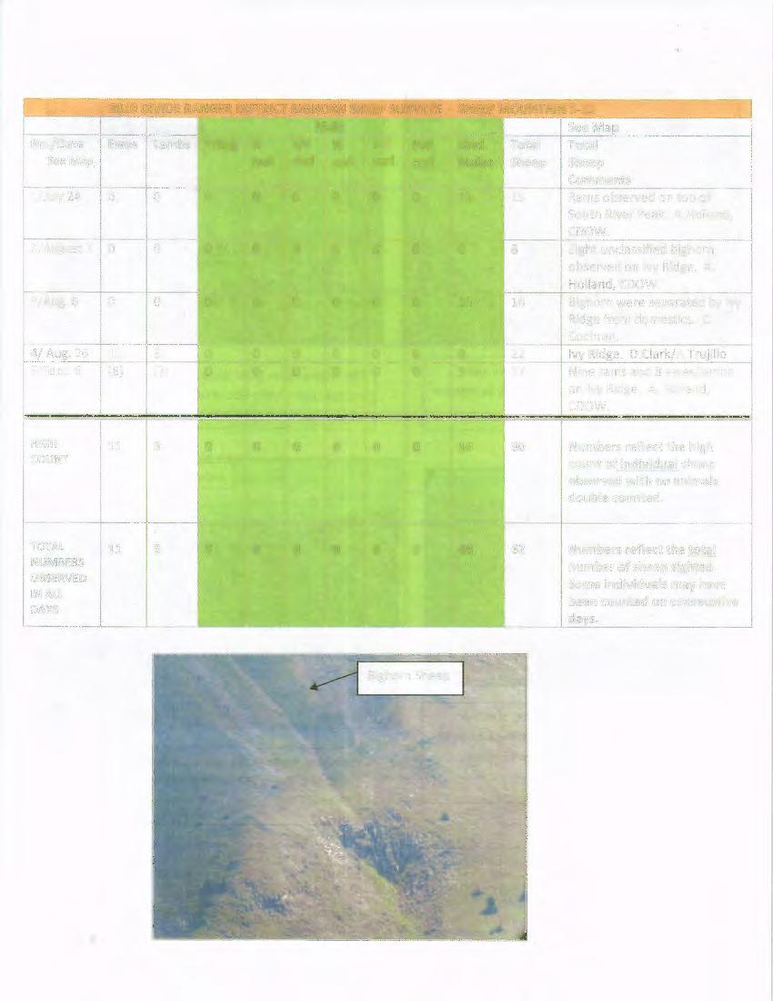 21 DVDE RANGER DSTRCT BGHORN SHEEP SURVEYS - SHEEP MOUNTAN S-15 Male See Map No./Date Ewes Lambs Yrling ½ 5/8 ¾ 7/8 Full Uncl.