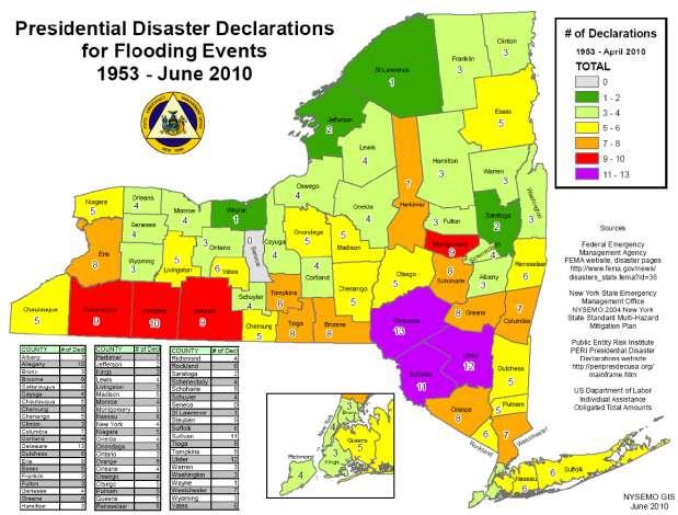 Figure 5.4.1-4 Presidential Disaster Declarations for Flooding Events, 1953-2010 Source: Draft NYS HMP, 2011 Note: The black circle indicates the approximate location of Cayuga County.