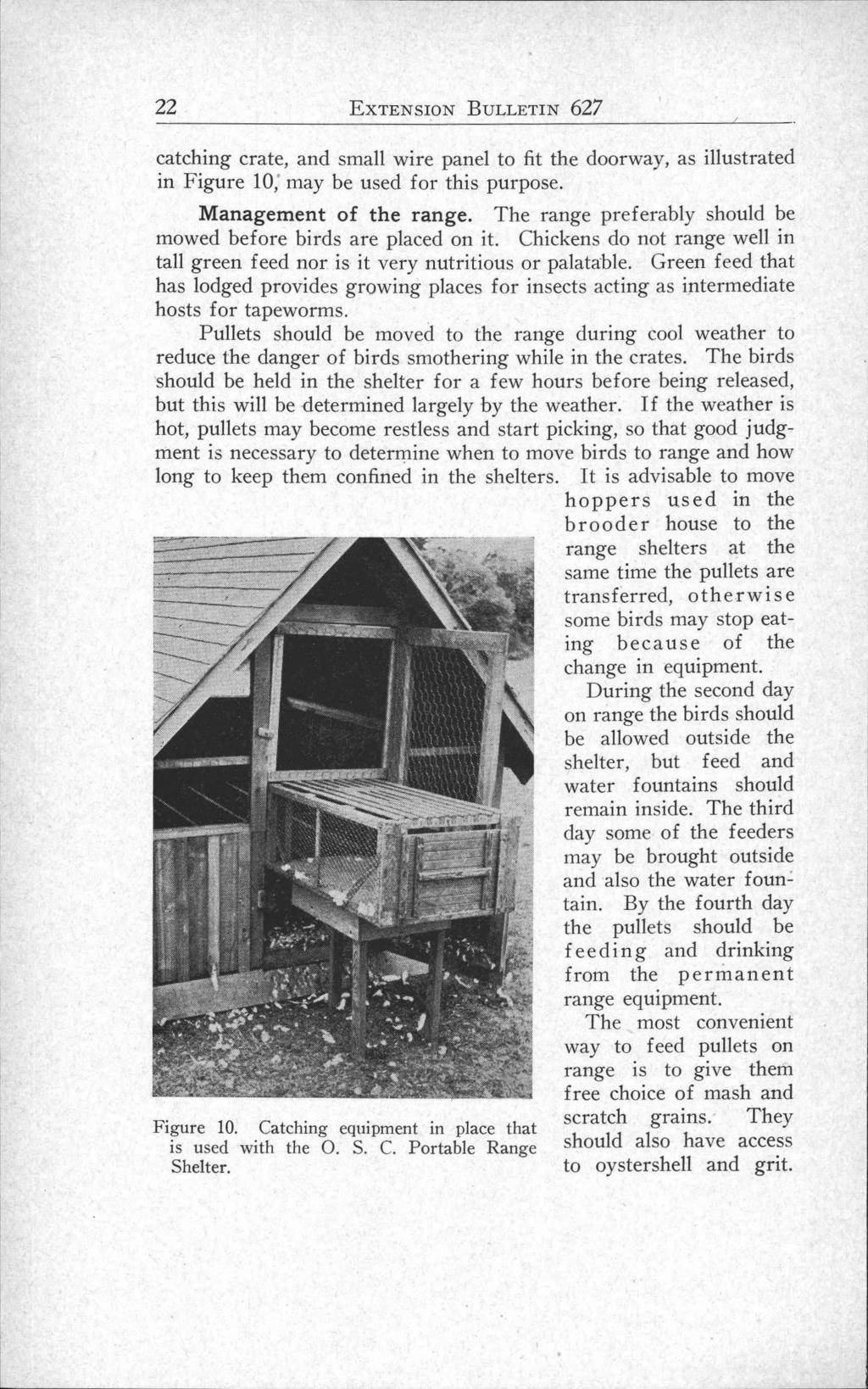22 EXTENSION BULLETIN 627 catching crate, and small wire panel to fit the doorway, as illustrated in Figure 10; may be used for this purpose. Management of the range.